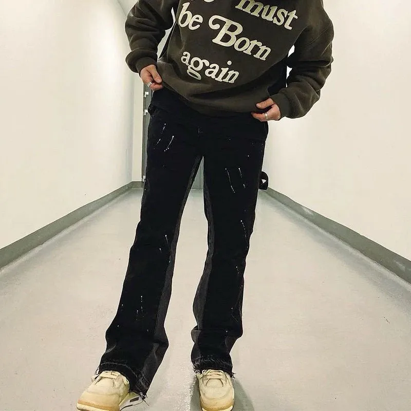-Size upper body P220#G33 GALLERY DEPT. Spliced ​​washed retro jeans for men and women, high street splash-ink pants, micro-flared casual trousers, trendy couple, same style. Color: black. Size: S-XXL (corresponding to 28-36)
